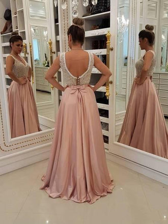 Charming Blush Pink Long Satin Prom Dresses Unique Pearls Formal Evening Dress DM10
