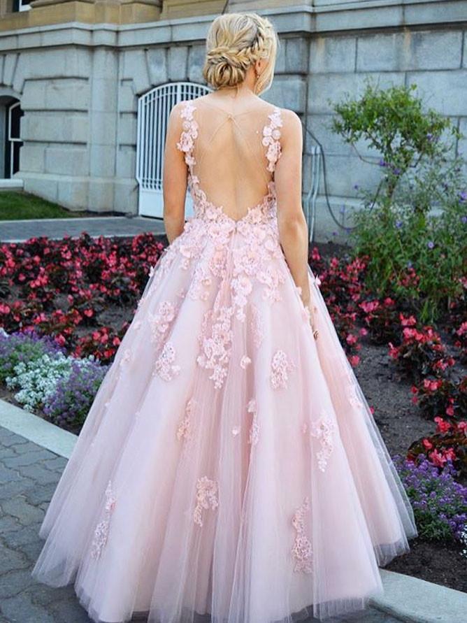 Elegant Pink Ball Gown Prom Dresses With Lace Appliques DMO90