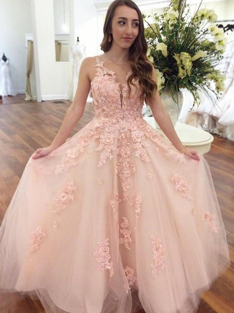 Elegant Pink Ball Gown Prom Dresses With Lace Appliques DMO90