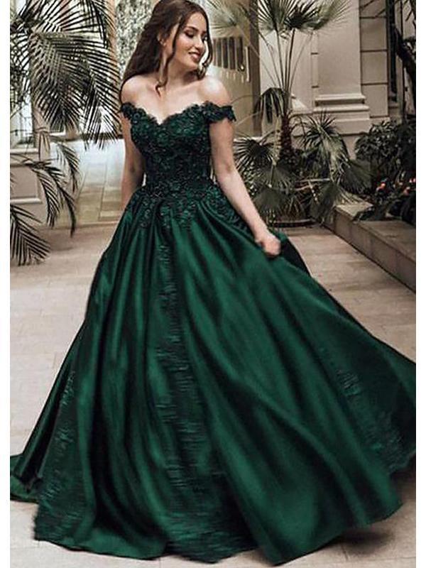 green sweet sixteen dresses Off Shoulder Dark Green A-line Long Evening Prom Dresses, Cheap Sweet 16 Dresses OKG41 – Demodresses