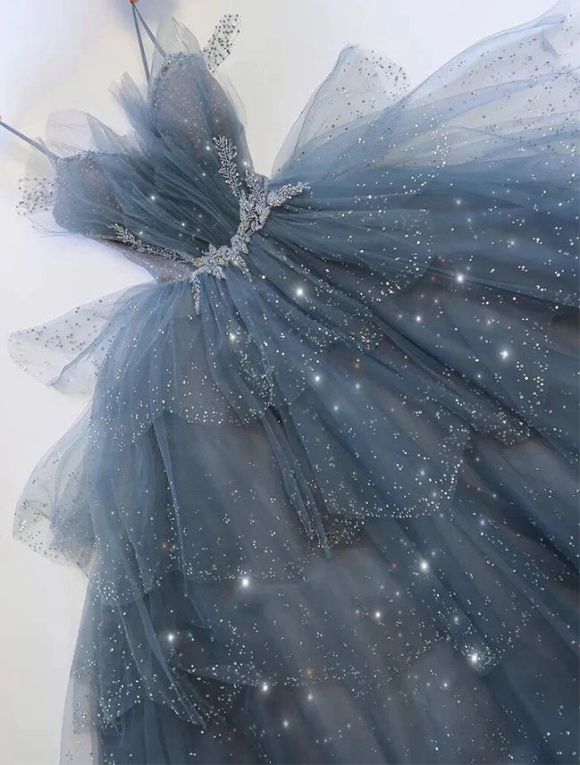 Chic Blue Sparkly Tulle Ball Gown Prom Dresses, Long Formal Gown With Rhinestone DMP156