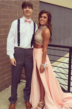 High Neck Two Piece Pink Taffeta Long  Beading Sexy Prom Dresses,2 Pieces Split Evening Dress DM158