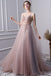 Pink A Line Spaghetti Straps Tulle Beaded Prom Dresses With Appliques DML25