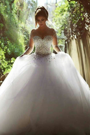 Stunning Long Sleeves Tulle Ball Gown Beaded Wedding Dress DMH69