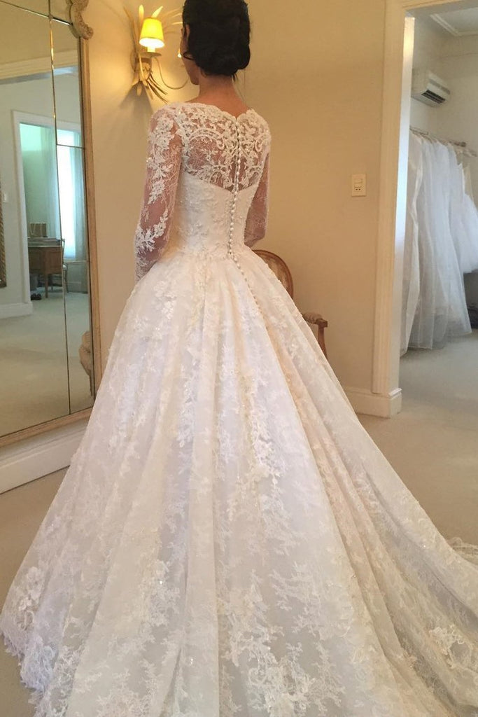 Long Sleeves Scoop Off White Lace A Line Elegant Wedding Dresses DMG93