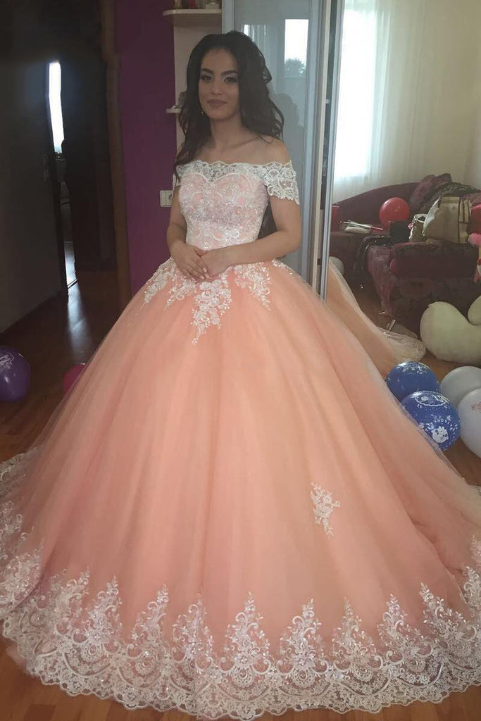 Off the Shoulder Lace Appliques Ball Gown Cheap Prom Dresses,Quinceanera Dresses DMH96