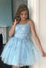 A Line Light Blue Tulle Homecoming Dress With Lace Appliques, Short Prom Dress DM1030