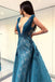 A-Line Deep V-Neck Lace Blue Floor Length Prom Dresses DMF49