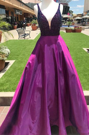 Purple A Line Beading V Neck Prom Gown With Pockets Cheap Formal Evening Dress DMI65