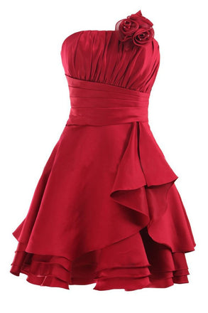 Strapless Red A Line Pleats Short Prom Dress With Flowers, Homecoming Dress DMG87