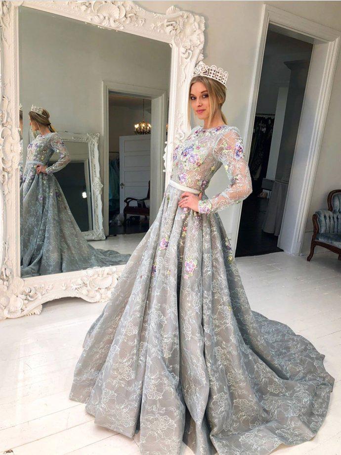 Long Sleeve Grey Lace A Line Long Evening Prom Dress for Teens DMG90
