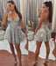 Silver Gray Spaghetti Strap V Neck Lace Homecoming Dresses, A Line Mini Graduation Dresses DM1052