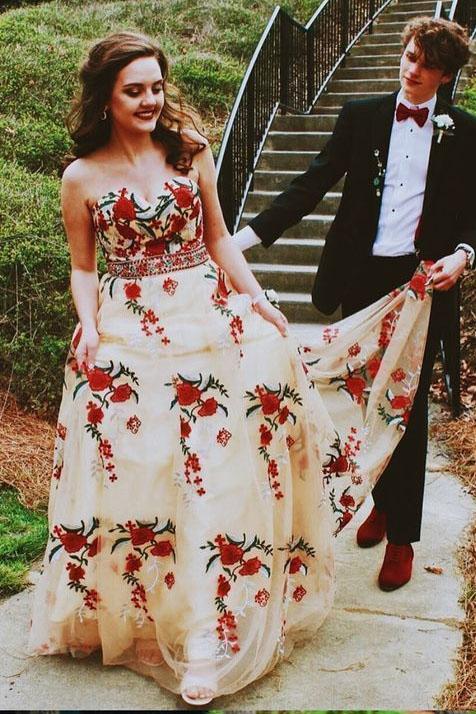 Princess A Line Strapless Tulle Long Prom Dress with Floral Appliques DMF51
