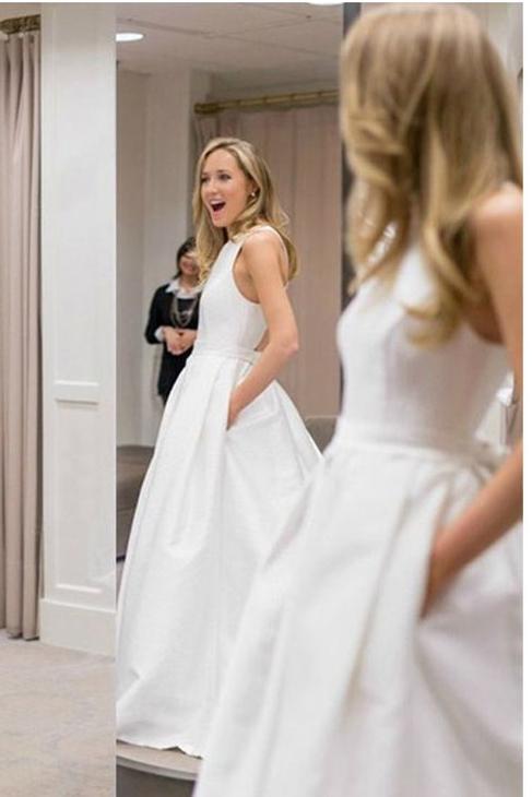 Simple Satin Jewel A-line Long Bow-not Wedding Dresses With Pocket DMD17