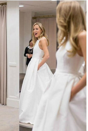 Simple Satin Jewel A-line Long Bow-not Wedding Dresses With Pocket DMD17