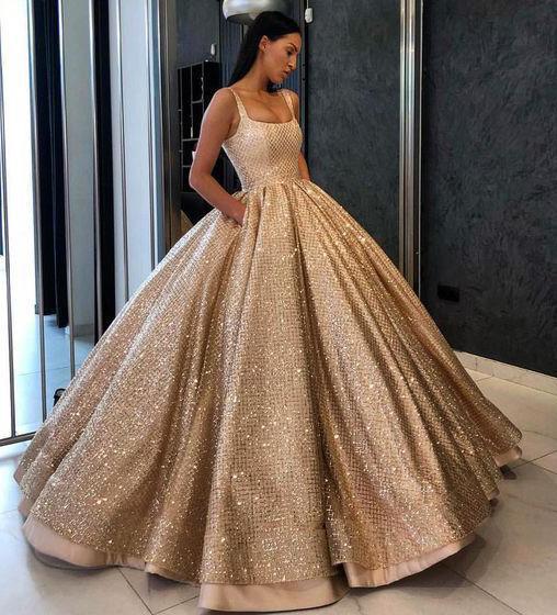 Beading Sequins Gold Ball Gown Prom Dress with Pockets,Long Quinceanera Dresses DME59