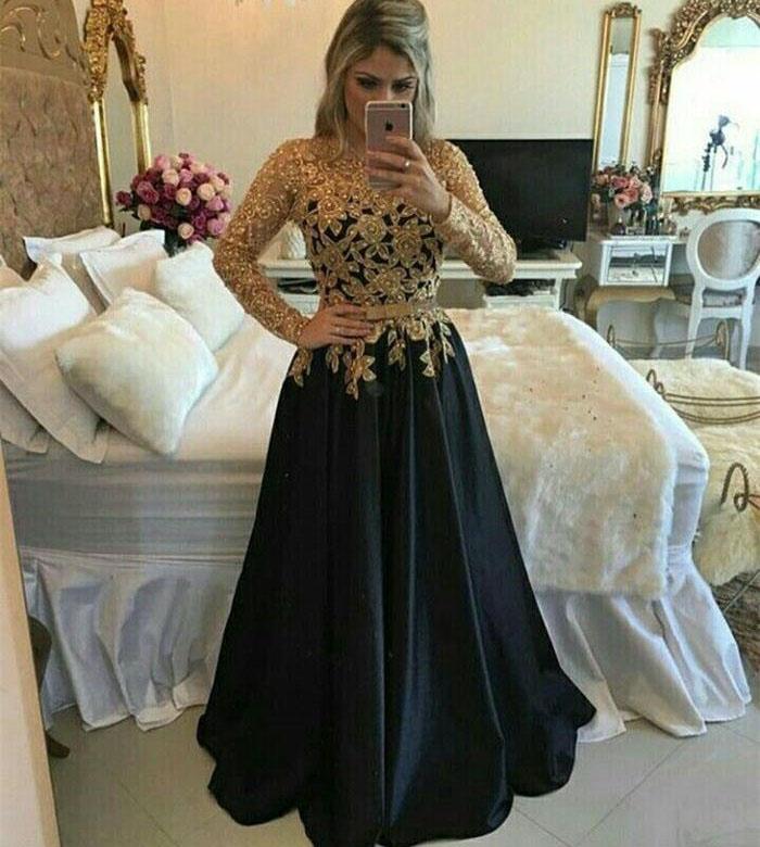 Modest Black And Gold Long A-line Long Sleeves Lace Prom Gowns,Evening Dresses DMF14