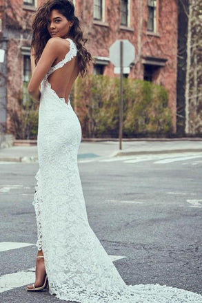 Sexy Mermaid High Neck Sleeveless Lace Backless Wedding Dress,Modest Bride Gowns DMC49