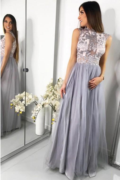 A-Line Jewel Floor-Length Tulle Prom Dress with Lace Appliques DMF63