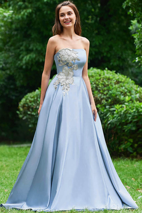 A Line Strapless Sky Blue Satin Long Prom Dresses With Appliques DMC34