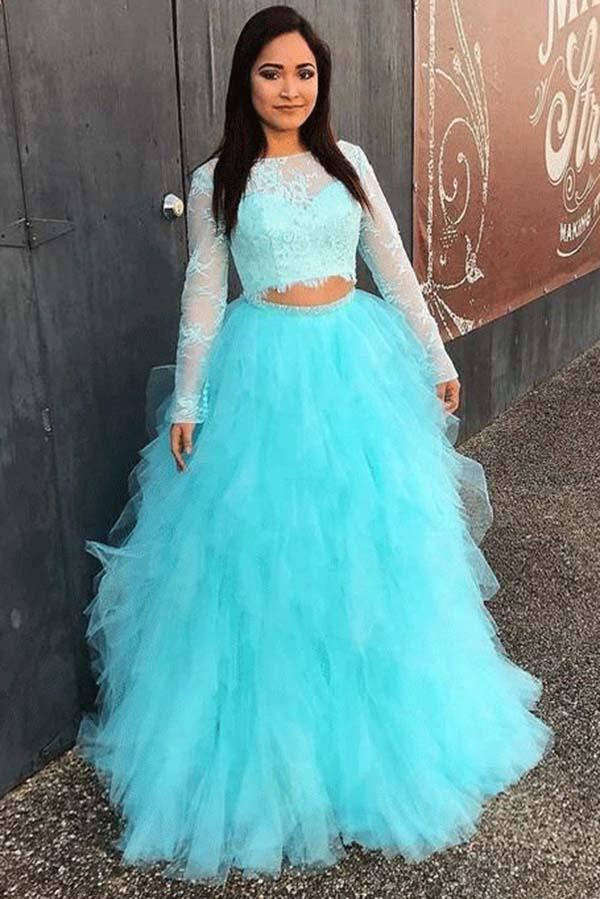 Full Sleeve Evening Dress, Two Piece Tulle Lace Top Prom Dress, Elegant Formal Dress DME90