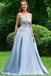 A Line Strapless Sky Blue Satin Long Prom Dresses With Appliques DMC34