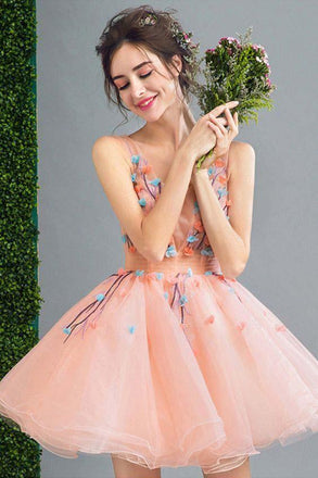 Peach Short A Line Lace Up Back Homecoming Dress With Flowers DMD89