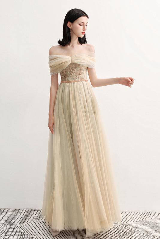 Charming Off the Shoulder A Line Tulle Long Prom Dresses With Beading DMG70
