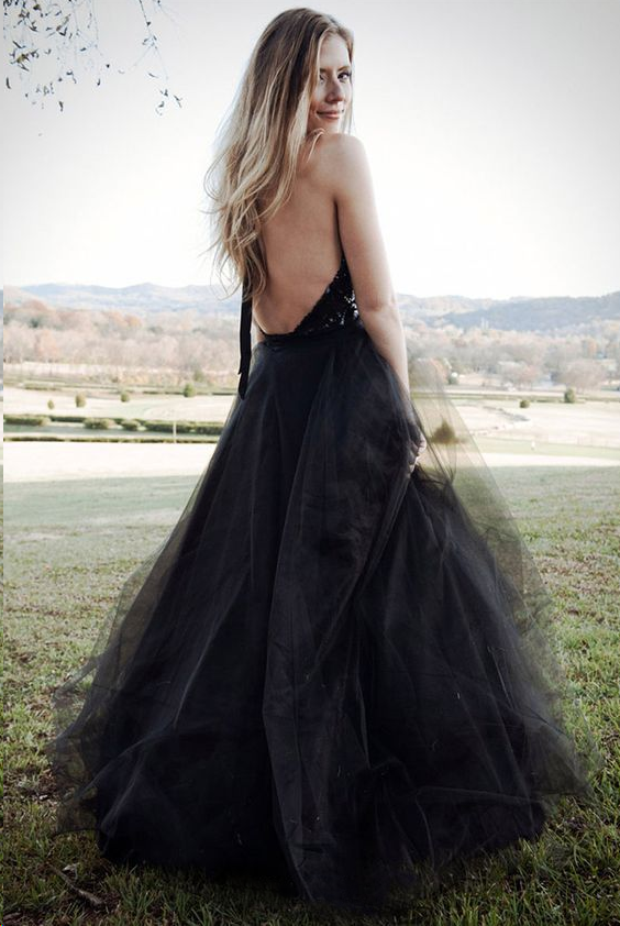 Black Tulle Backless Halter A Line Cheap Long Prom Dress Sexy Evening Dress DMG27