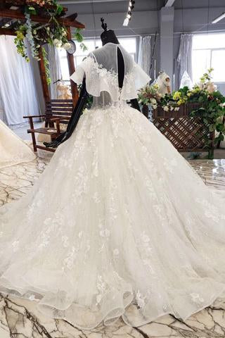 Elegant Ball Gown Big Wedding Dresses, Appliques Bridal Dress with Short Sleeves DMN73