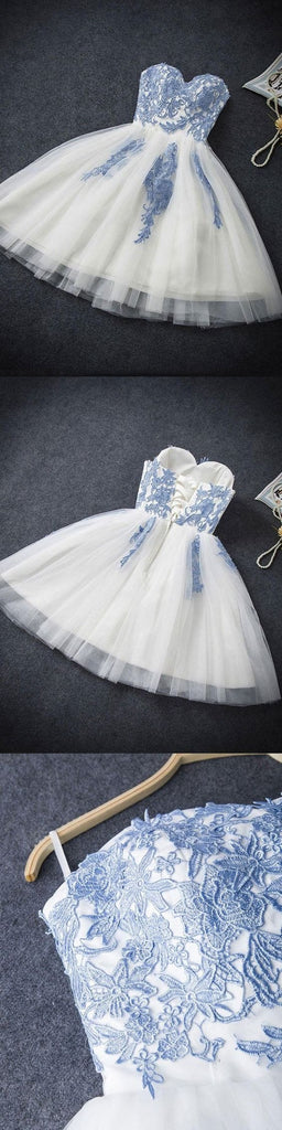 Strapless Sweetheart Appliques Tulle Homecoming Dresses,Ivory Hoco Dresses,Short Prom Dresses DM301