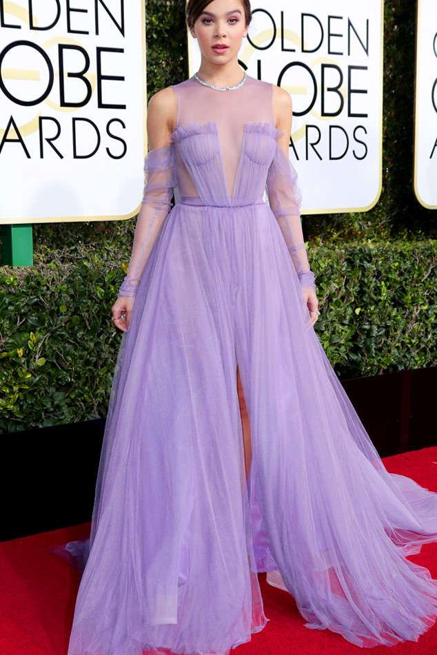 Celebrity Lilac Tulle Long Sleeves A Line See Through Prom Dress Slit Demodresses Celebrity Lilac Tulle Long Sleeves A Line See Through Prom Dress Slit Demodresses