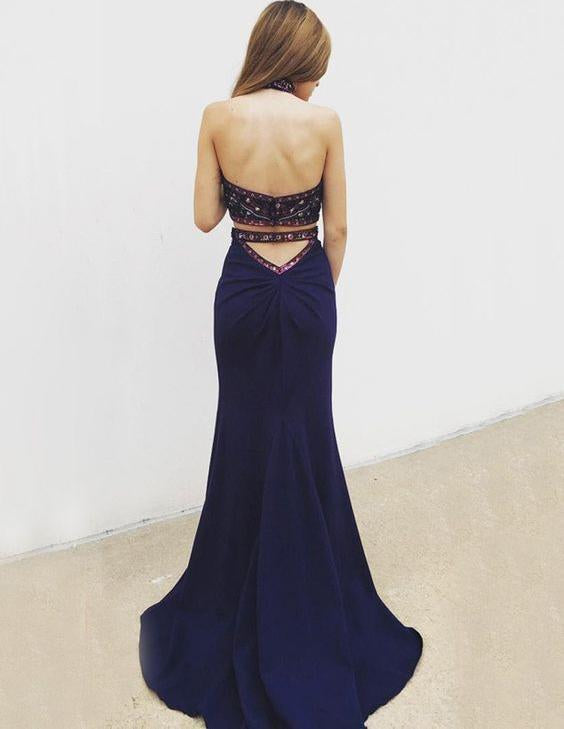 Sexy Two Piece Mermaid Halter Backless Navy Blue Long Prom Dress with Beading Embroidery DM501
