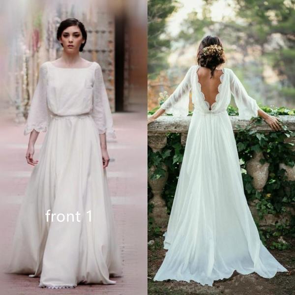 Sexy Ivory Lace 3/4 Long Sleeve Backless Summer Chiffon Plus Size Beach Wedding Dresses DM271