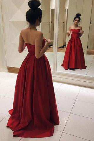 Simple Sweetheart Strapless Red Satin Long Prom Dress DMC75