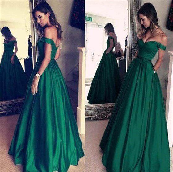 A Line Off The Shoulder Simple Green Long Cheap Prom Dresses With Pockets DMH21