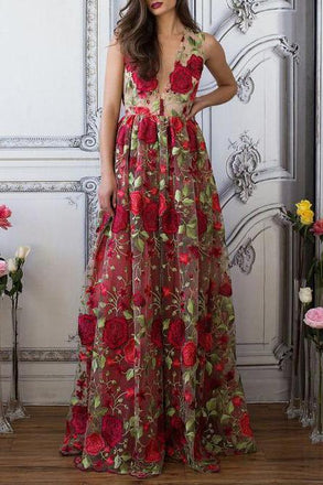 Red Floral Embroidery See Through Long Elegant Formal Prom Dresses DMG89