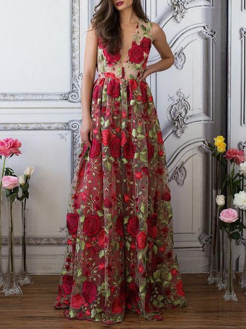Red Floral Embroidery See Through Long Elegant Formal Prom Dresses DMG89