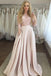 Two Piece 3/4 Sleeves Floor-Length Pink Satin Prom Dress with Lace Pockets DMI77