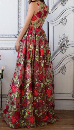 Red Floral Embroidery See Through Long Elegant Formal Prom Dresses DMG89