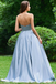 A Line Strapless Sky Blue Satin Long Prom Dresses With Appliques DMC34