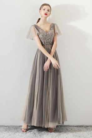 A Line Tulle Long Appliques Beaded Prom Dresses, Grey Formal Evening Dress DMG72