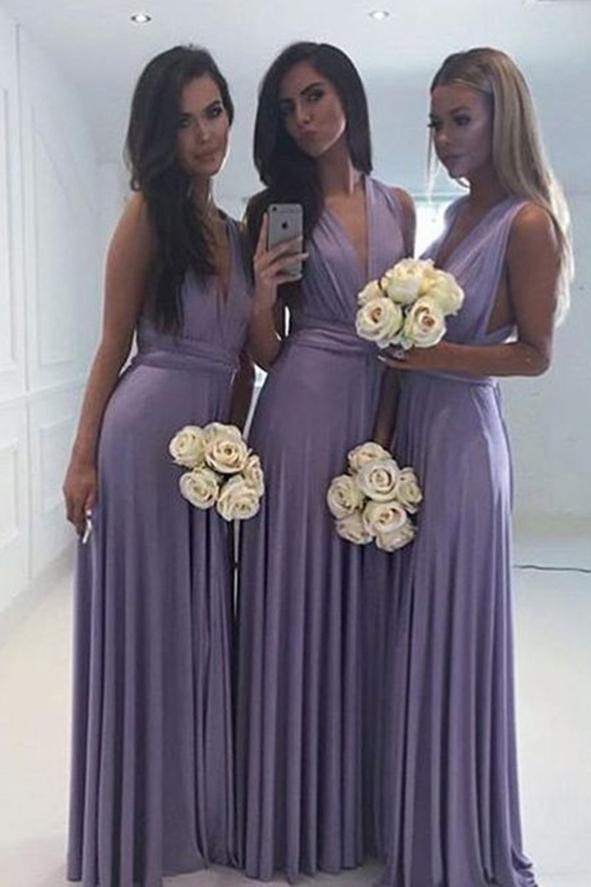 Simple Lavender Long Chiffon V Neck Bridesmaid Dresses DMG49
