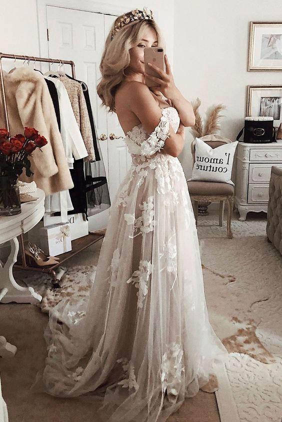 Boho Off the Shoulder Lace Appliques Tulle Wedding Dress, Beach Wedding Gown DMW25