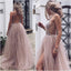 Dusty Pink A Line Tulle Prom Dress, V Neck Long Graduation Dress with Rhinestone DMJ48