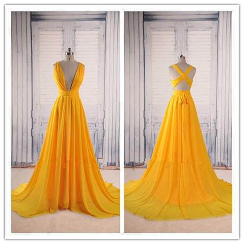 Yellow A Line V Neck Criss Cross Back Chiffon Long Prom Dress DMB58