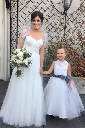 Light Ivory Lace Tulle Long Sleeveless Flower Girl Dress With Dark Grey Sash/Bows DM212