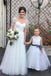 Light Ivory Lace Tulle Long Sleeveless Flower Girl Dress With Dark Grey Sash/Bows DM212