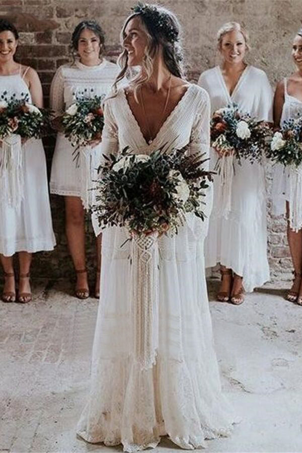 A Line V Neck Long Sleeves Lace Tulle Boho Wedding Dresses Beach Bridal Dress DMW45