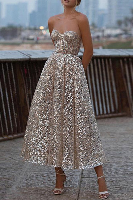 A Line Sequined Sweetheart Ankle Length Prom Dress Graduation Dress DMP164